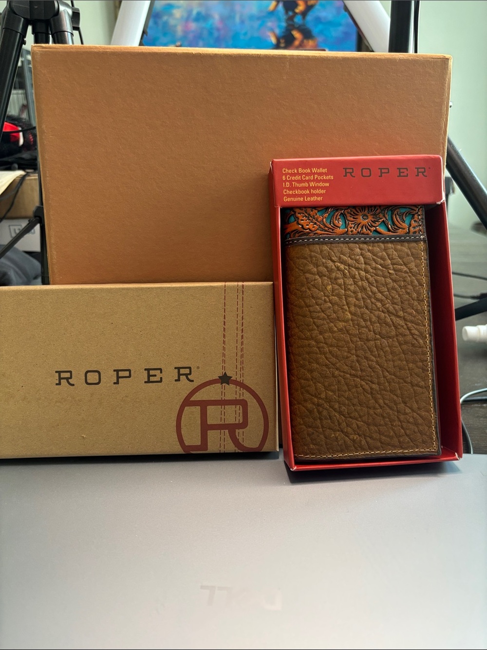 Roper Brown Leather Checkbook Card Holder with Tooled Accent